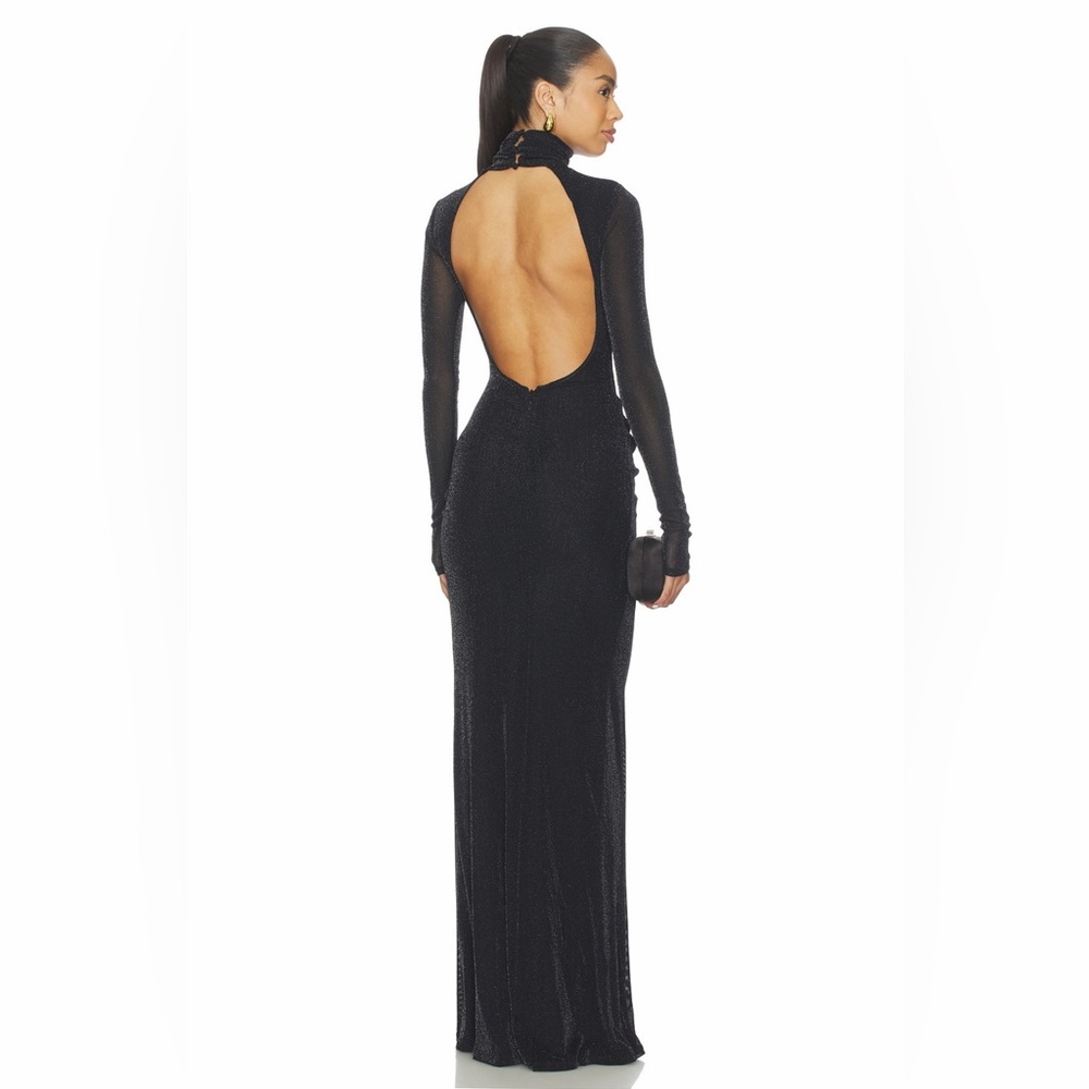 Lovers + Friends Lucille Metallic Black Open Back Knot Waist Long Sleeve Gown XS